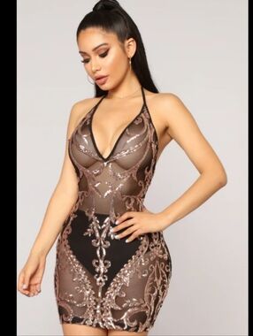 Sheer Embellished Bodycon Mini Dress - Brown & Black
